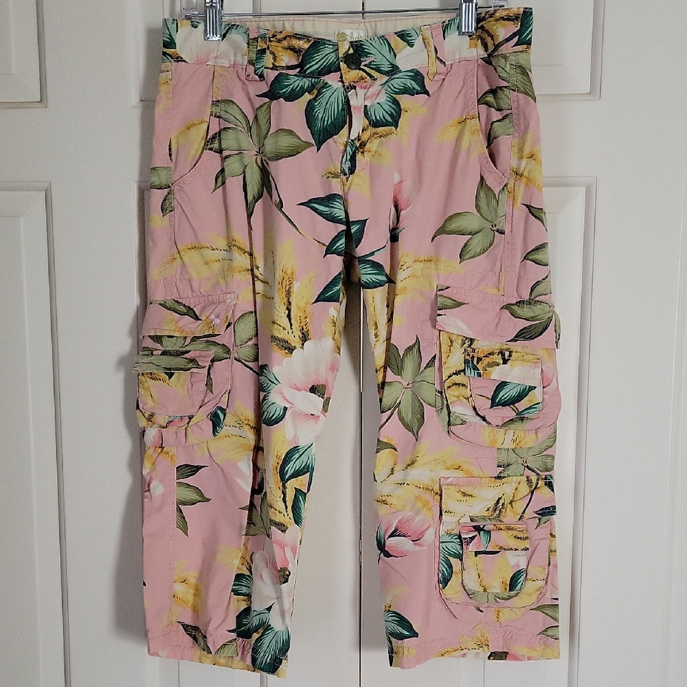 Lucky Brand Womens Tropical Print Cargo Capris Sz 8/29 Pink Yellow